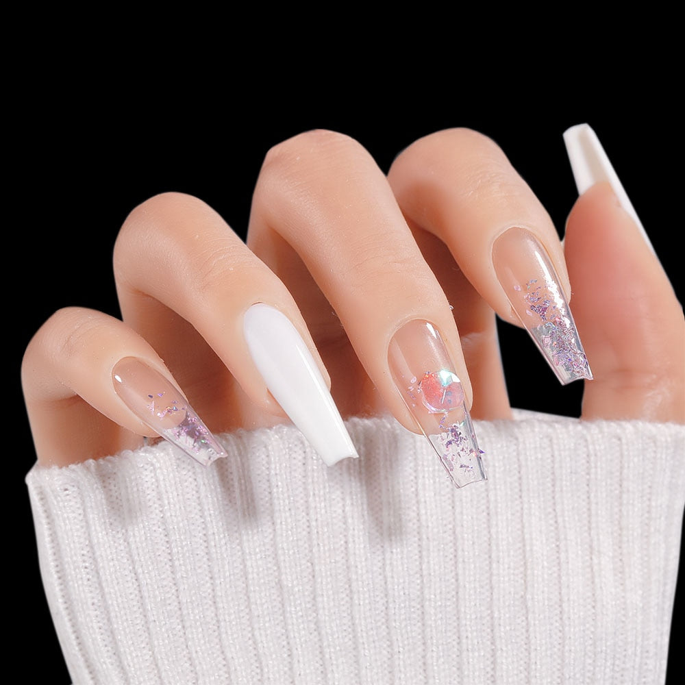 CNHIDS 24Pcs Charming Sparkling Purple Long Coffin False Nail Press On Nail Tips Girl Decoration Crystal Fake Nail With Design 22