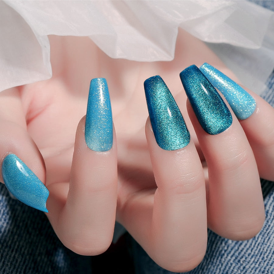 CNHIDS 24Pcs Charming Sparkling Purple Long Coffin False Nail Press On Nail Tips Girl Decoration Crystal Fake Nail With Design 17