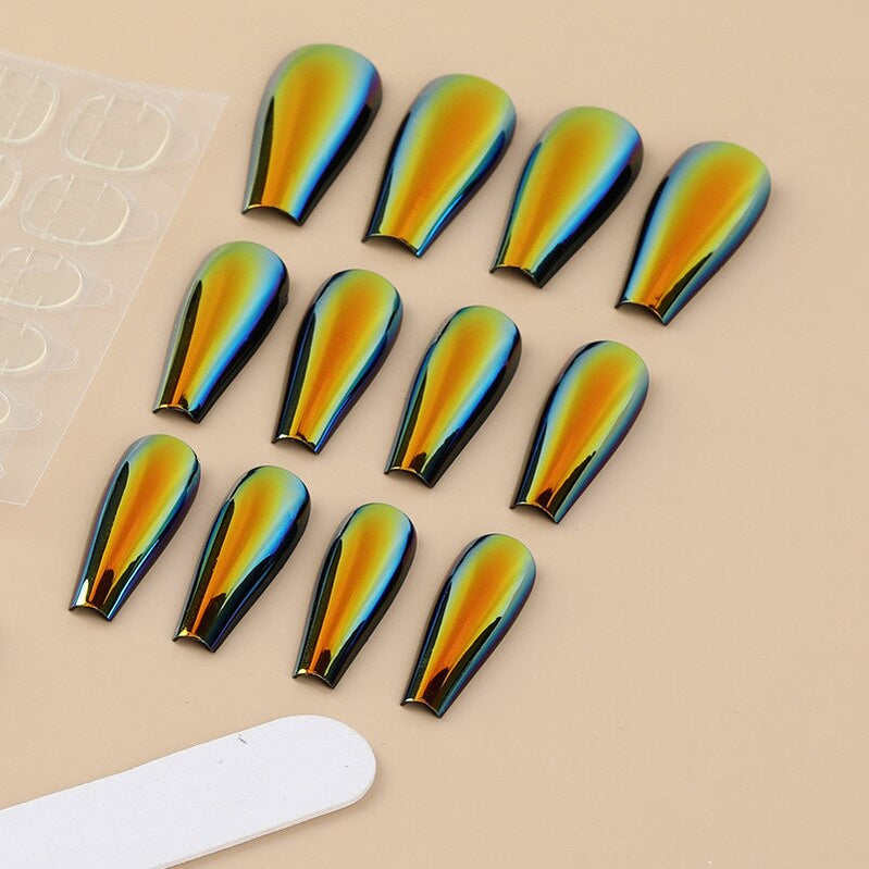 24Pcs/Box Ballerina Press on Nails Tips False Nail Art Full Cover Detachable Artificial Fake Nails Metal Mirror Powder Design