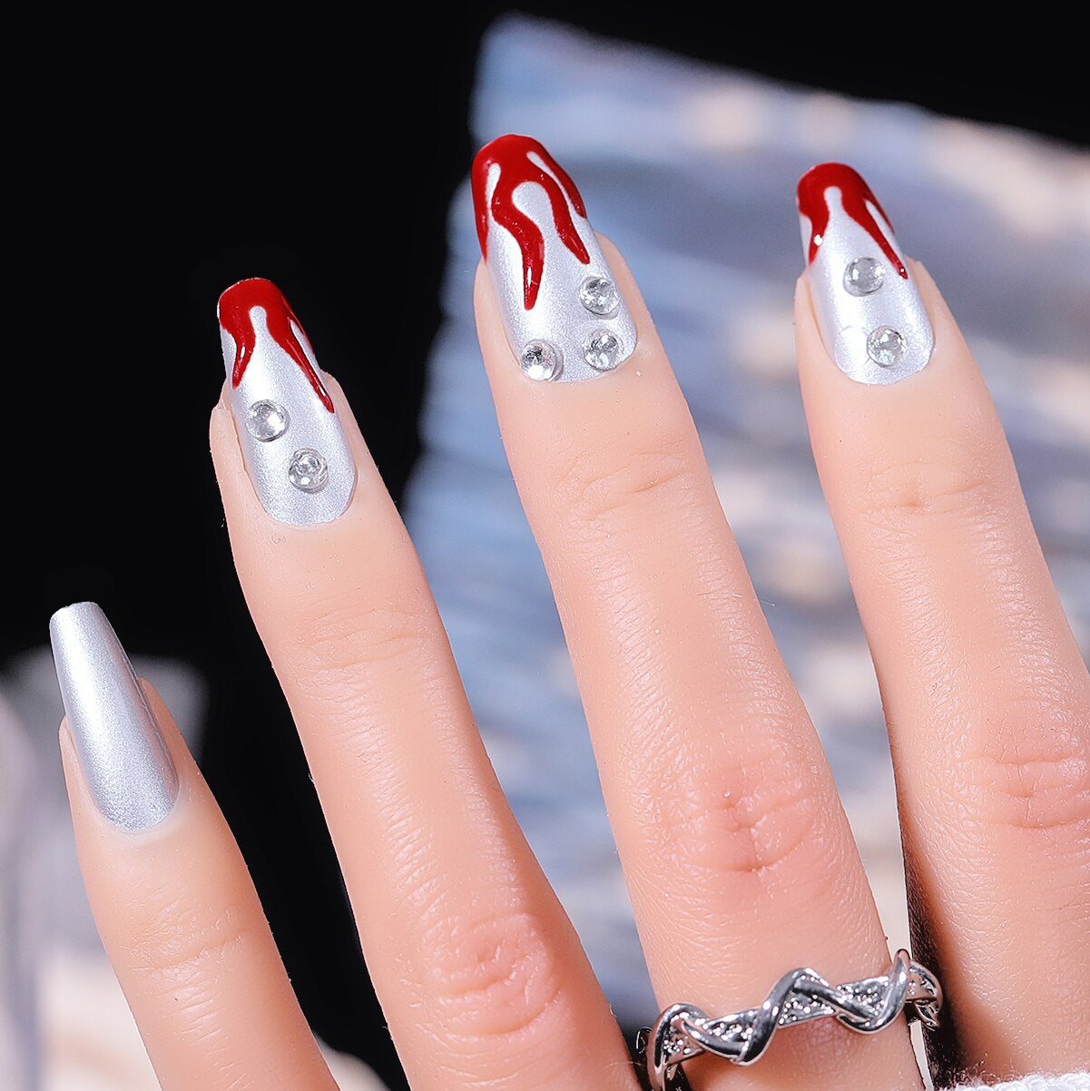 CNHIDS 24Pcs Charming Sparkling Purple Long Coffin False Nail Press On Nail Tips Girl Decoration Crystal Fake Nail With Design 3