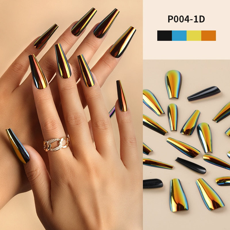 24Pcs/Box Ballerina Press on Nails Tips False Nail Art Full Cover Detachable Artificial Fake Nails Metal Mirror Powder Design 1