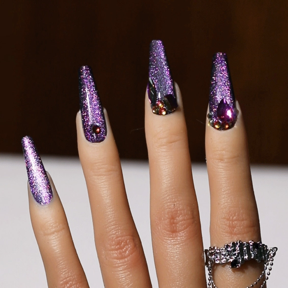 CNHIDS 24Pcs Charming Sparkling Purple Long Coffin False Nail Press On Nail Tips Girl Decoration Crystal Fake Nail With Design