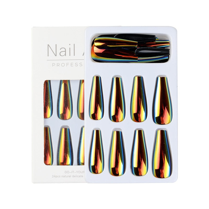 24 -stcs/doos ballerina druk op nagels tips valse nail art volledige omslag afneembare kunstmatige nep nagels metalen spiegelpoeder ontwerp