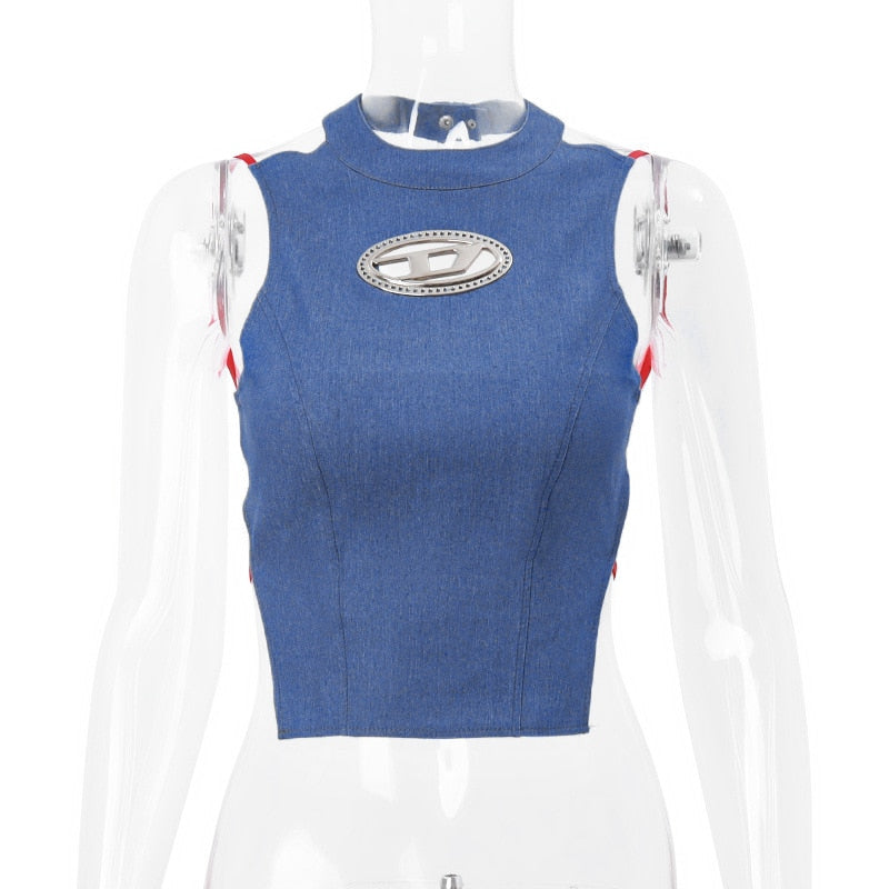 Y2k Women Blue Denim Slim Tank Top Backless Sexy Half-high Collar Crop Tops Lace-up Streetwear Irregular Corsets Vest 2023