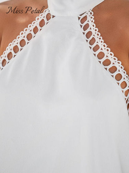 White Lace Trim Halter Mini Dress For Women Sexy Backless Sleeveless Holiday Beach A-line Dress Summer Female Dress