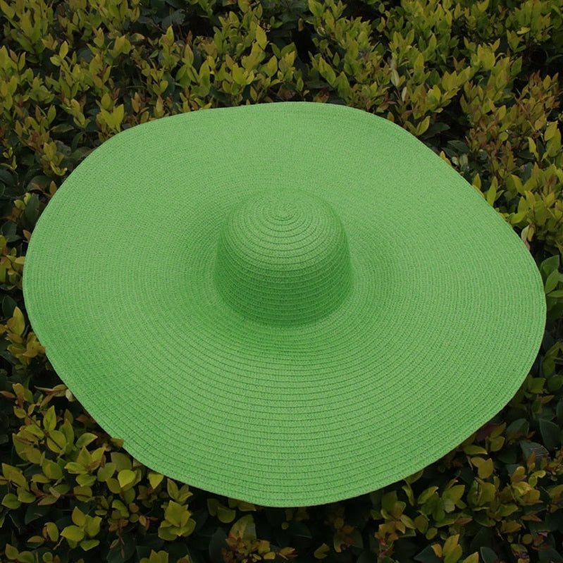 25CM Wide Brim Oversized Beach Hats For Women Large Straw Hat UV Protection Foldable Sun Shade Hat green