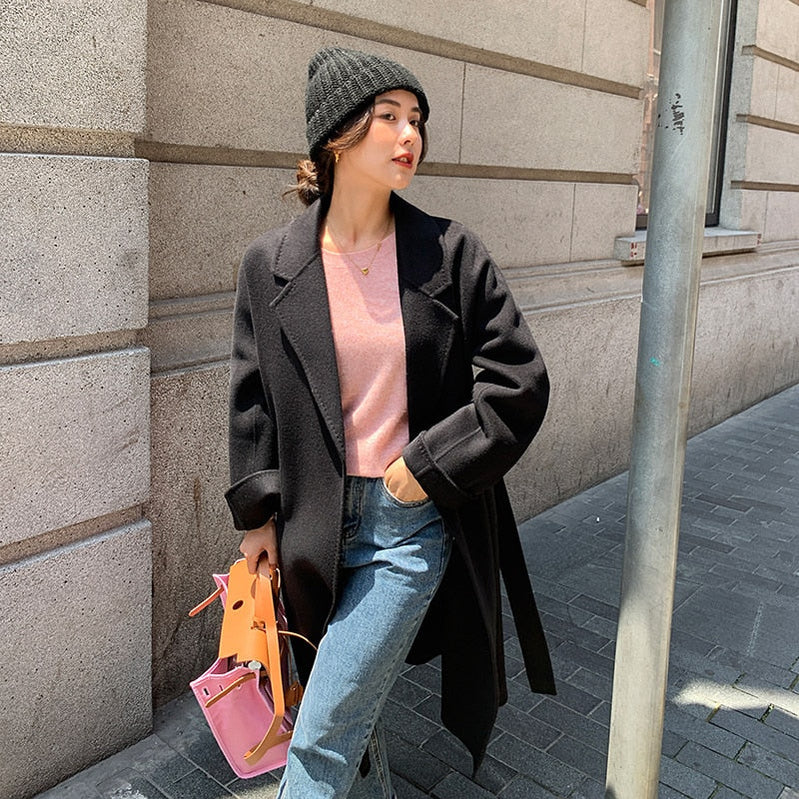 Classic Model 100% Real Wool Long Warp Overcoat Belt Turn-down Collar Dense Fabric Narrow Notch Lapel Coat Women Fall Winter Black