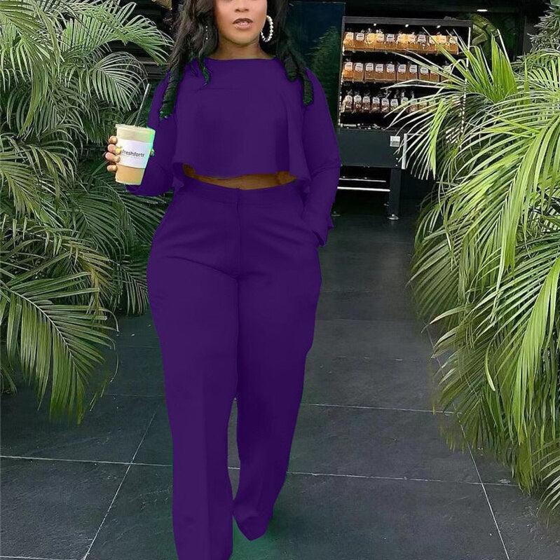 Elegant Work Wear Two Piece Set Fall Clothes for Women Ruffles Crop Top and Wide Leg Pants Suits Matching Sets Sexy Club Outfits Purple