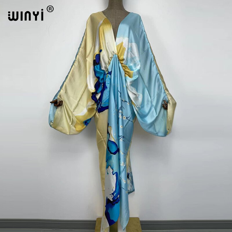 Sexy bech hand-rolled feel silk rayon fashion print Maxi Women's robes long beach V-neck Bohemian dress 6 One Size