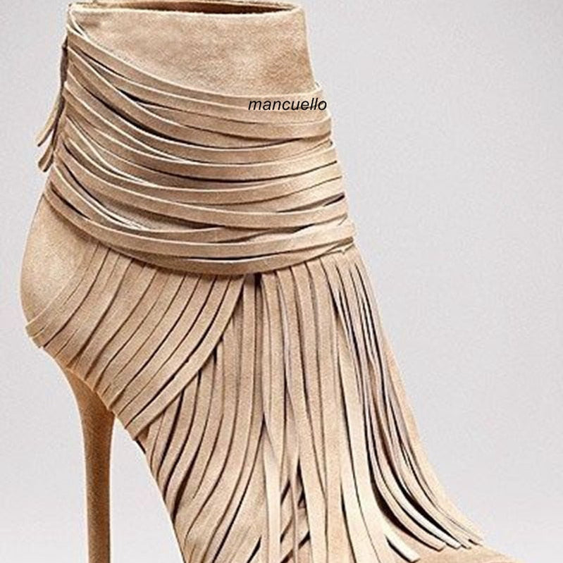 Awesome Beige Suede Fringe Thin High Heel Ankle Boots Women Classy Peep Toe Tassel Stiletto Heel Sandal Booties New Arrival as pic 2