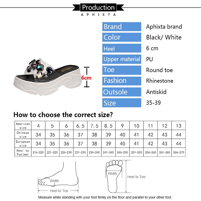 Aphixta Platform Rhinestone Sandals Slippers 6cm Height Increasing Slides Transparent Light Ladies Wedge Summer Beach Slippers