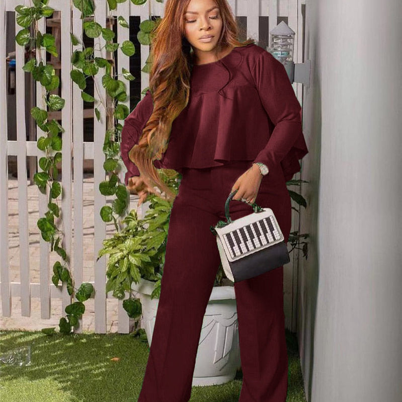 Elegant Work Wear Two Piece Set Fall Clothes for Women Ruffles Crop Top and Wide Leg Pants Suits Matching Sets Sexy Club Outfits