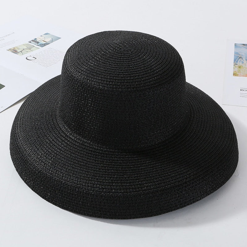 HT2303 New Summer Sun Hats Ladies Solid Plain Elegant Wide Brim Hat Female Round Top Panama Floppy Straw Beach Hat Women Black
