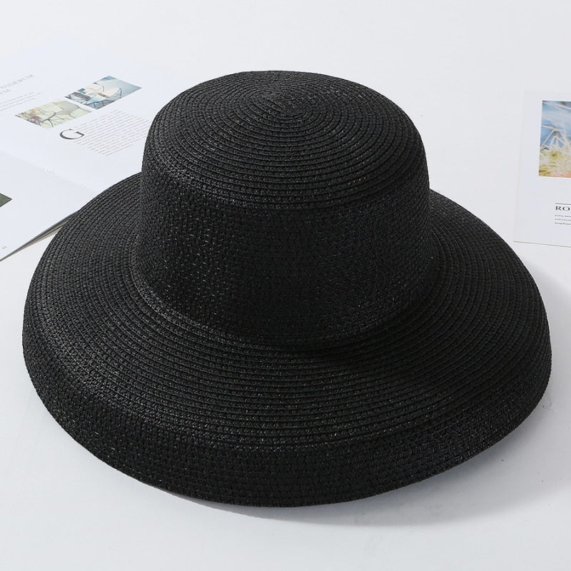 HT2303 New Summer Sun Hats Ladies Solid Plain Elegant Wide Brim Hat Female Round Top Panama Floppy Straw Beach Hat Women Black