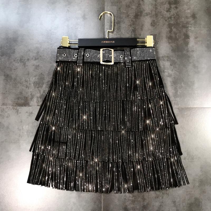 Women Skirt Fashion New Autumn High Waist Belt Multi Layer Short Heavy Drilling Rhinestones Fringed Skirt with Cake A Line