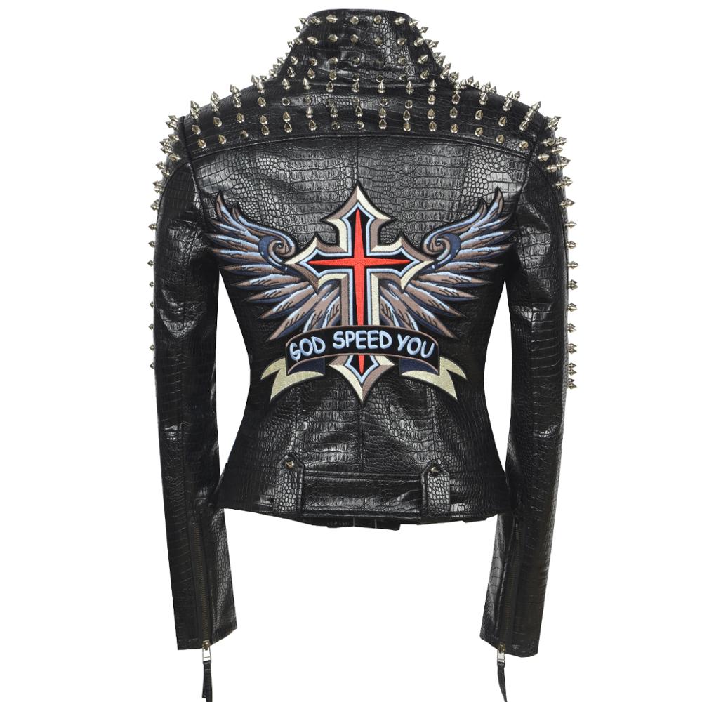 SX Occident Fashion women Club hot style Stud slim fit jacket shoulder rivets zip stitching short PU leather rock coat ying2