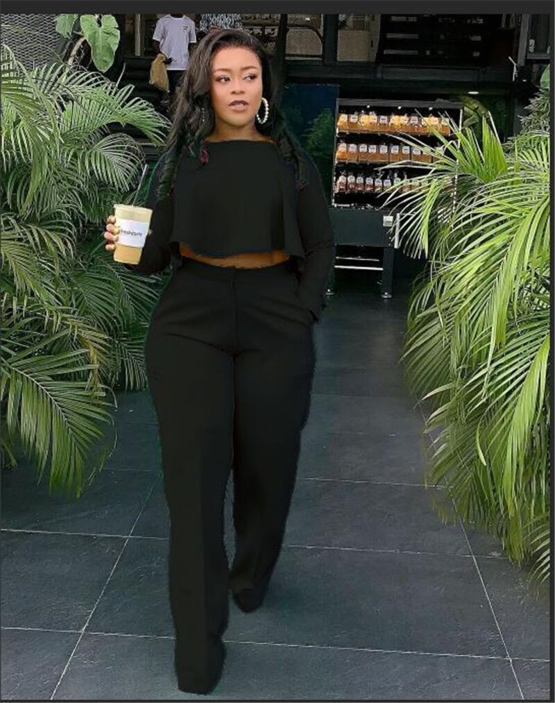 Elegant Work Wear Two Piece Set Fall Clothes for Women Ruffles Crop Top and Wide Leg Pants Suits Matching Sets Sexy Club Outfits Black