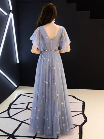 Duble V-neck Homecoming Dress Haze Blue Ruffles Sleeve Stars Sequins Tulle Long Prom Robe A-line Elegant  Formal Party Dress