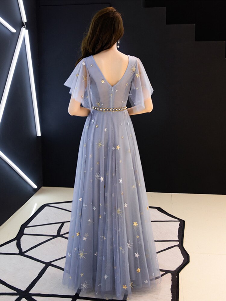 Duble V-neck Homecoming Dress Haze Blue Ruffles Sleeve Stars Sequins Tulle Long Prom Robe A-line Elegant Formal Party Dress