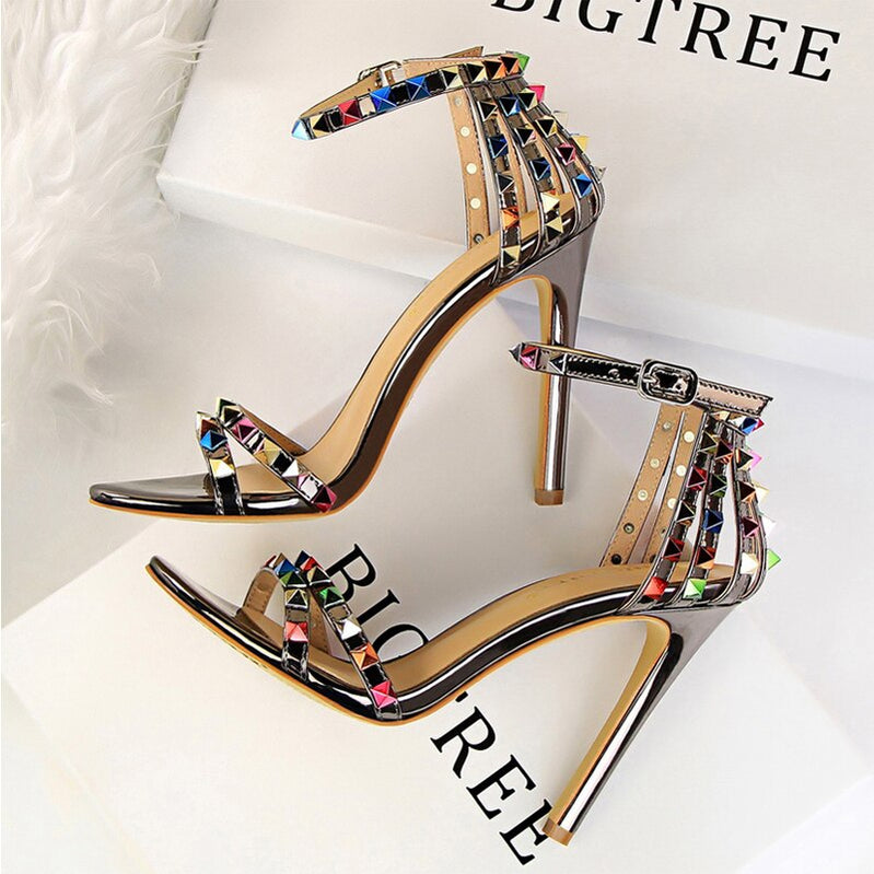Shoes Color Rivets Women Sandals Roman Style Heeled Sandals Hollow Out High Heels Stiletto Sexy Party Shoes Sandals Bronze