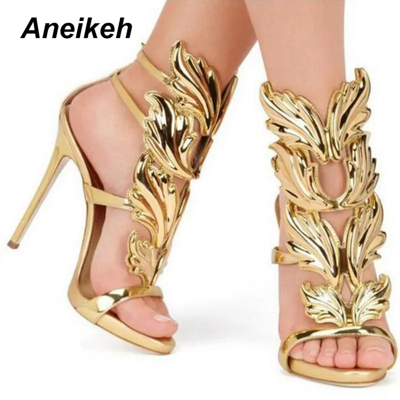 Aneikeh 2024 Patent læder sandalier de las mujeres totem Women Shoe Party Fashion Buckle Strap Round Toe tynde hæle Størrelse 35-42