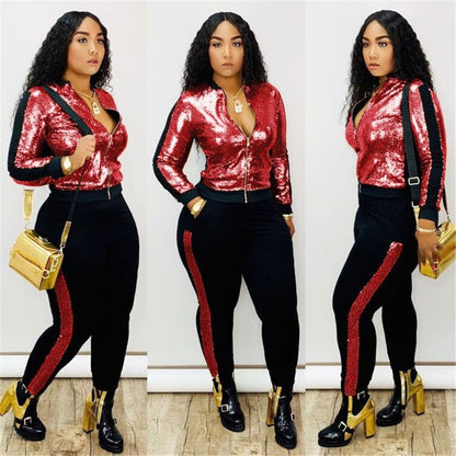 Autumn Winter Sequin 2 Piece Set Women Tracksuit Long Sleeve Jacket Top Pants Suit Streetwear Sparkly Matching Sets Club Outfits