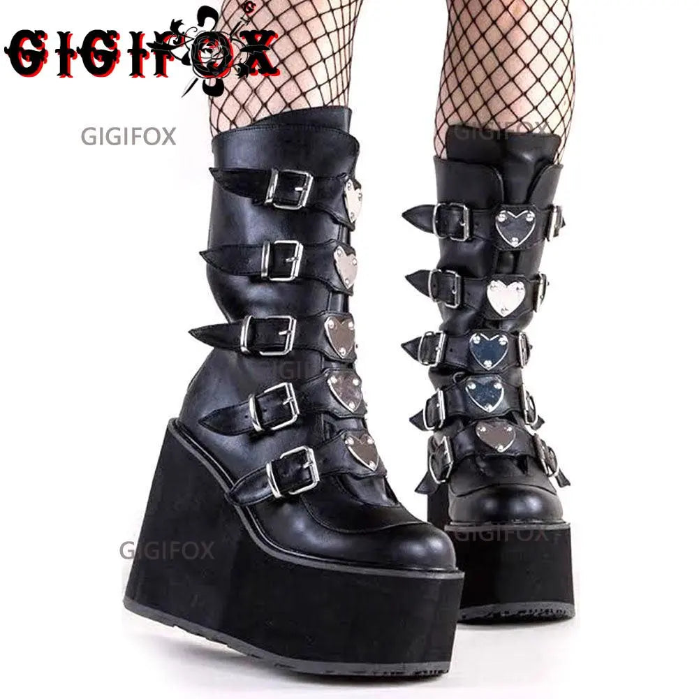 GIGIFOX Brand New Big Size 43 Black Pink Goth Cool Punk Motorcycle Boots Platform Wedges High Heels Chunky Boots Women Shoes black matte