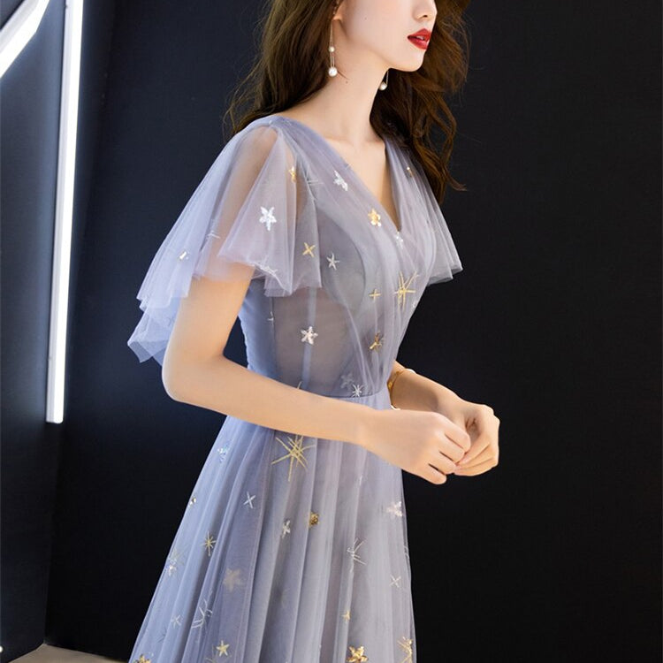 Duble V-neck Homecoming Dress Haze Blue Ruffles Sleeve Stars Sequins Tulle Long Prom Robe A-line Elegant Formal Party Dress