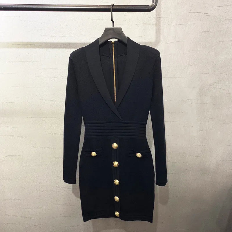 Fall Winter Designer Dress Women's Long Sleeve Notched Collar Knit Dress