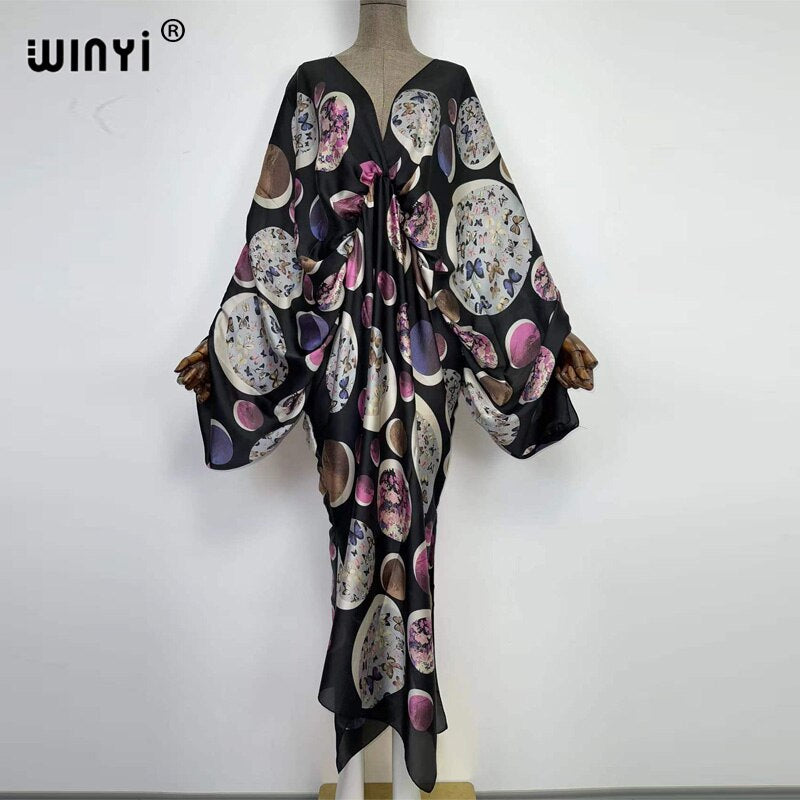 Sexy bech hand-rolled feel silk rayon fashion print Maxi Women's robes long beach V-neck Bohemian dress 13 One Size