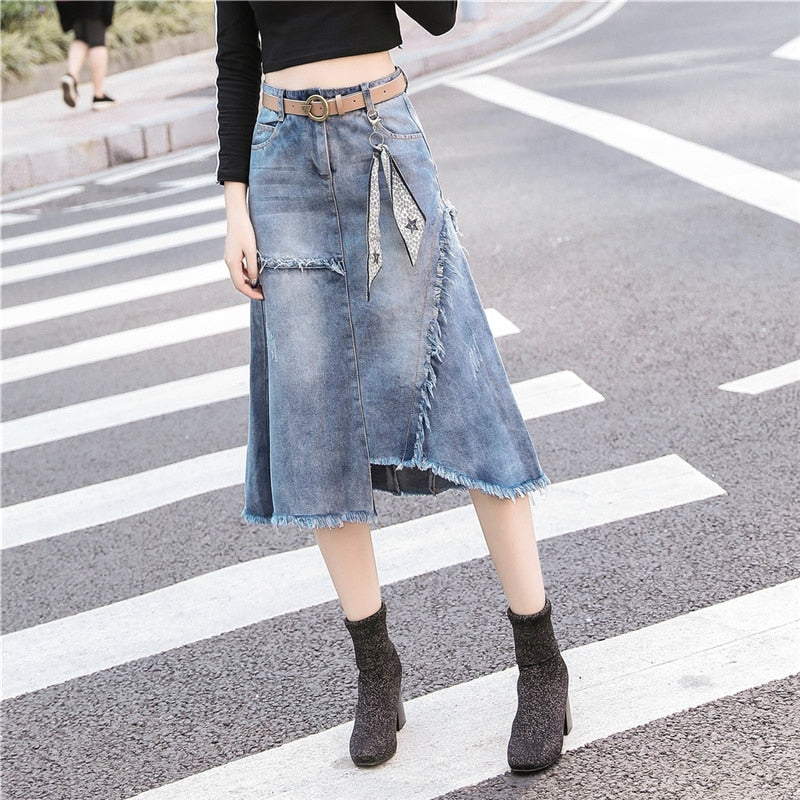 S-5XL Women Denim Skirt Spring Summer 2023 Fashion Casual Medium-long Package hip Irregular hem Slim Waist Skirts Jeans Female Blue