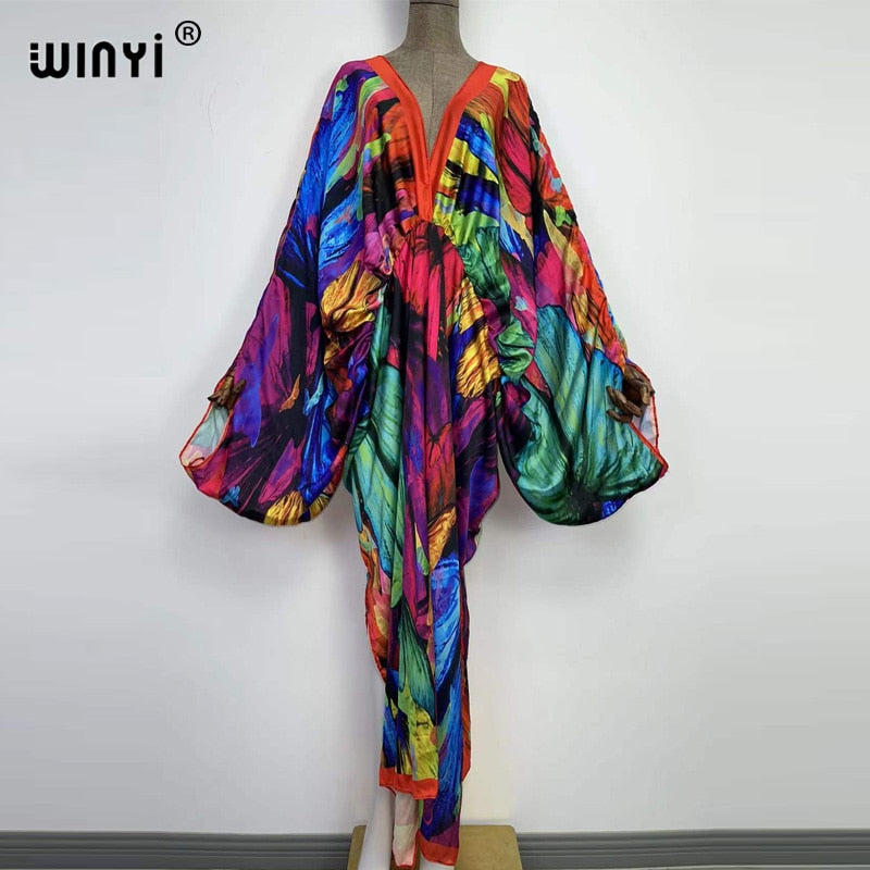 Sexy bech hand-rolled feel silk rayon fashion print Maxi Women's robes long beach V-neck Bohemian dress 22 One Size