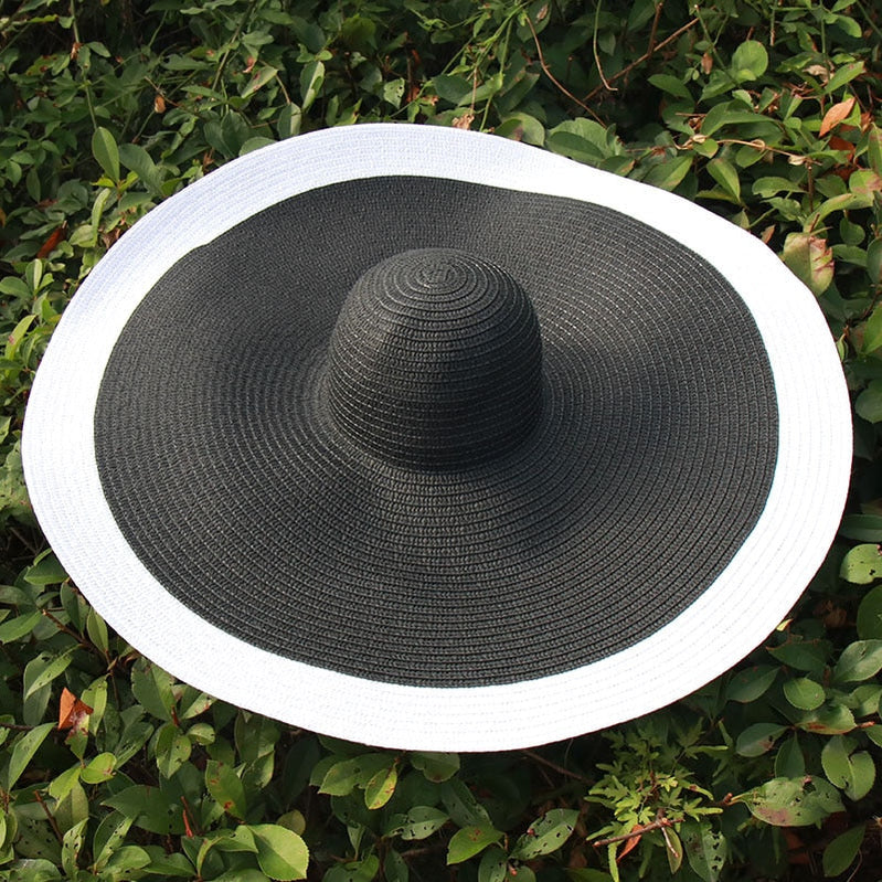 25CM Wide Brim Oversized Beach Hats For Women Large Straw Hat UV Protection Foldable Sun Shade Hat black white