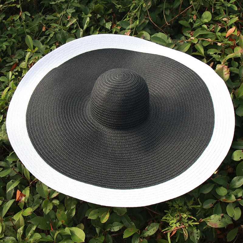 25CM Wide Brim Oversized Beach Hats For Women Large Straw Hat UV Protection Foldable Sun Shade Hat black white