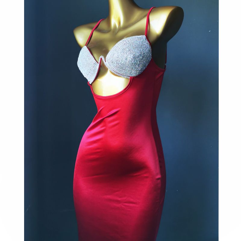 Push Up Sexy Women Dress Hand Made Rhinestone Suspender Skirt Elegant Slim Evening Dress