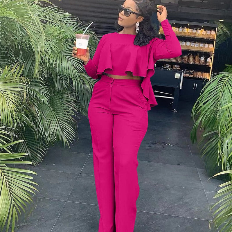 Elegant Work Wear Two Piece Set Fall Clothes for Women Ruffles Crop Top and Wide Leg Pants Suits Matching Sets Sexy Club Outfits