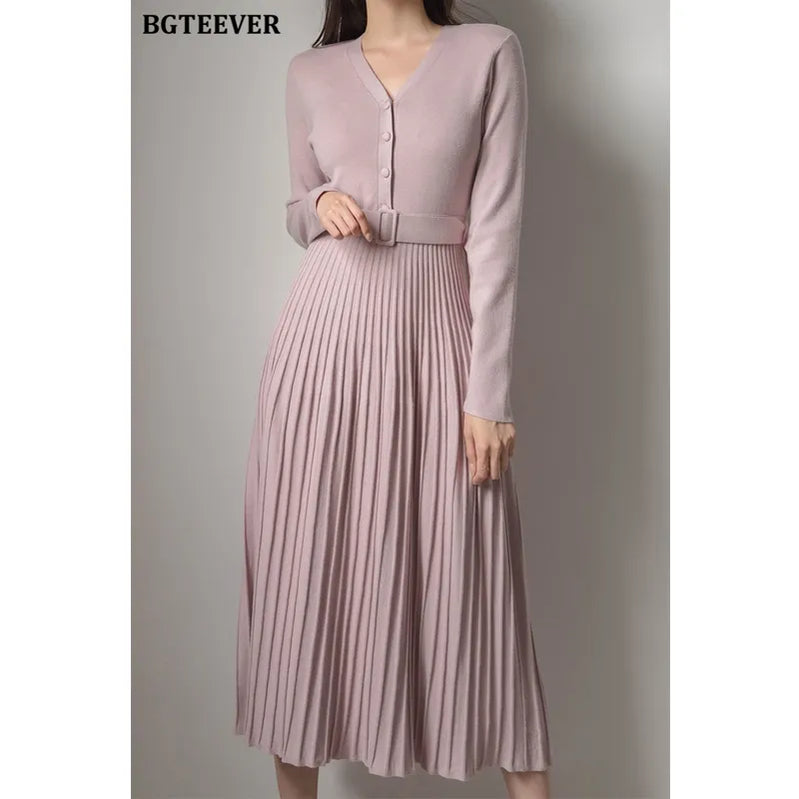 Elegant V-neck Single-breasted Women Thicken Sweater Dress 2021 Autumn Winter Knitted Belted Female A-line soft dresses