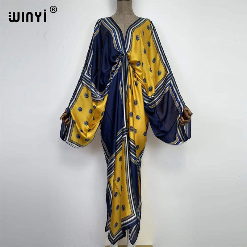 Sexy bech hand-rolled feel silk rayon fashion print Maxi Women's robes long beach V-neck Bohemian dress 18 One Size