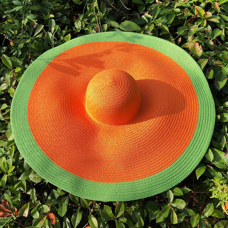 25CM Wide Brim Oversized Beach Hats For Women Large Straw Hat UV Protection Foldable Sun Shade Hat orange green