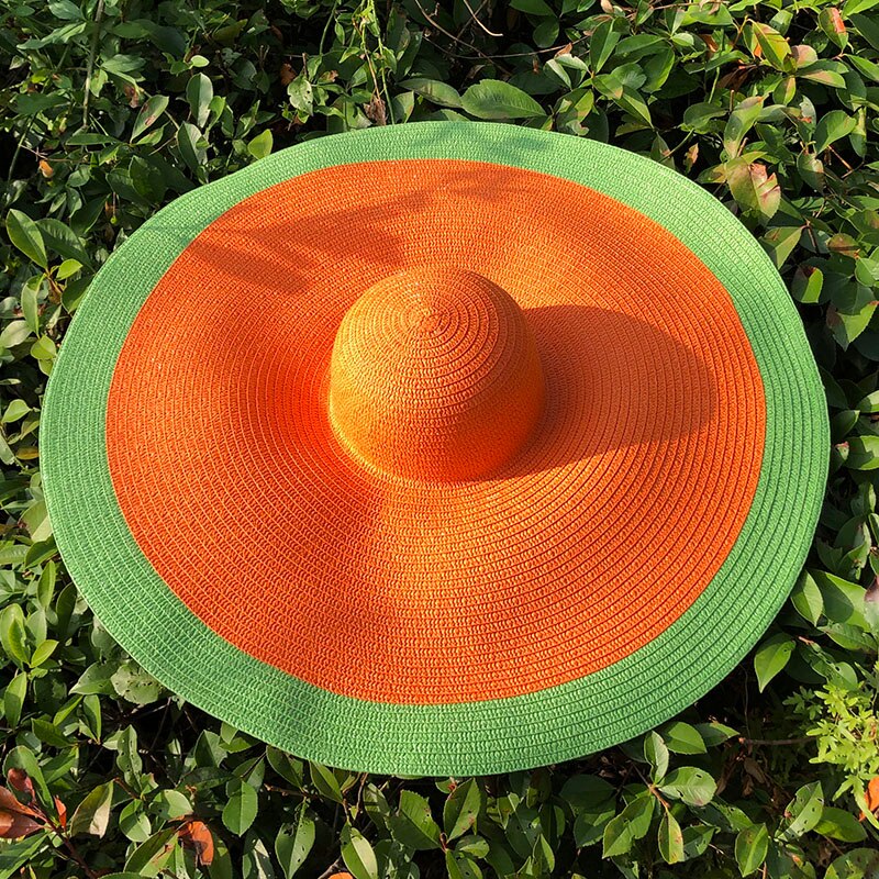 25CM Wide Brim Oversized Beach Hats For Women Large Straw Hat UV Protection Foldable Sun Shade Hat orange green