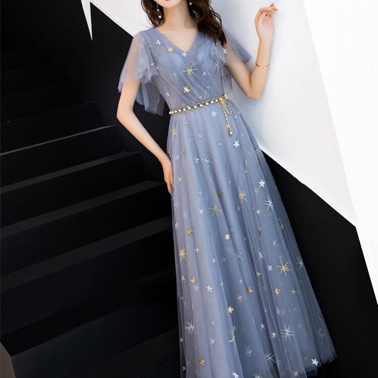 Duble V-neck Homecoming Dress Haze Blue Ruffles Sleeve Stars Sequins Tulle Long Prom Robe A-line Elegant Formal Party Dress