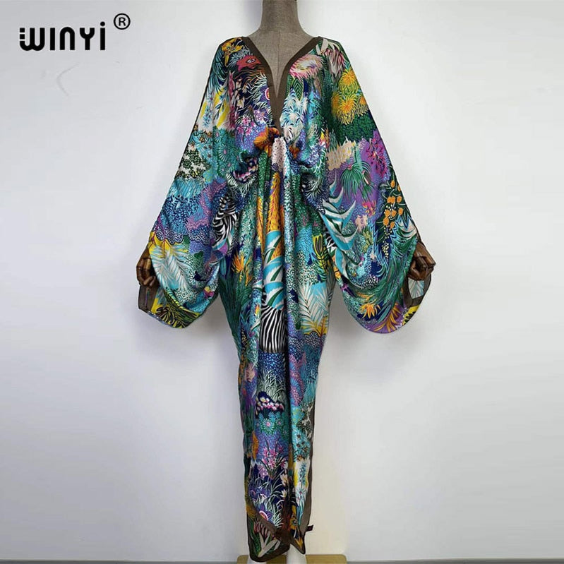 Sexy bech hand-rolled feel silk rayon fashion print Maxi Women's robes long beach V-neck Bohemian dress 19 One Size