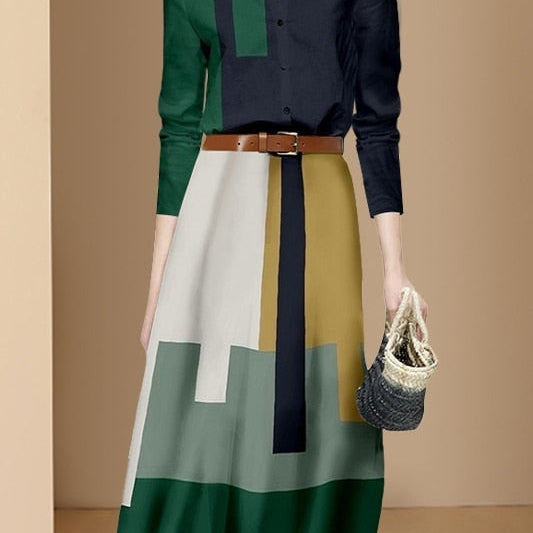 New Fashion Office Suits Women Spring Fall Long Sleeve Hit Color Shirts Top High Waist Midi A-Line Belt Slim Skirt Two Piece Set