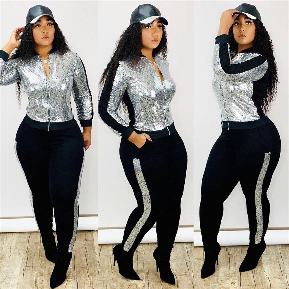 Autumn Winter Sequin 2 Piece Set Women Tracksuit Long Sleeve Jacket Top Pants Suit Streetwear Sparkly Matching Sets Club Outfits