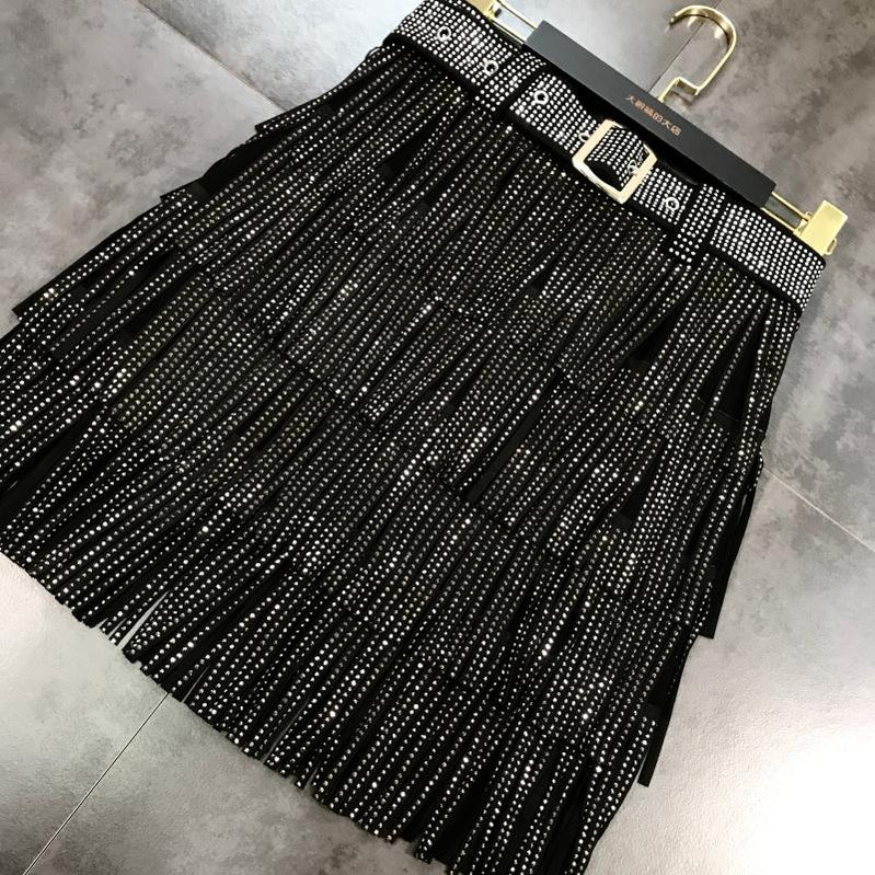 Women Skirt Fashion New Autumn High Waist Belt Multi Layer Short Heavy Drilling Rhinestones Fringed Skirt with Cake A Line