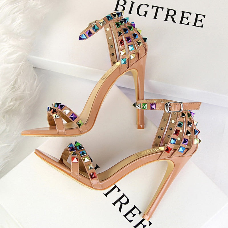 Shoes Color Rivets Women Sandals Roman Style Heeled Sandals Hollow Out High Heels Stiletto Sexy Party Shoes Sandals Nude