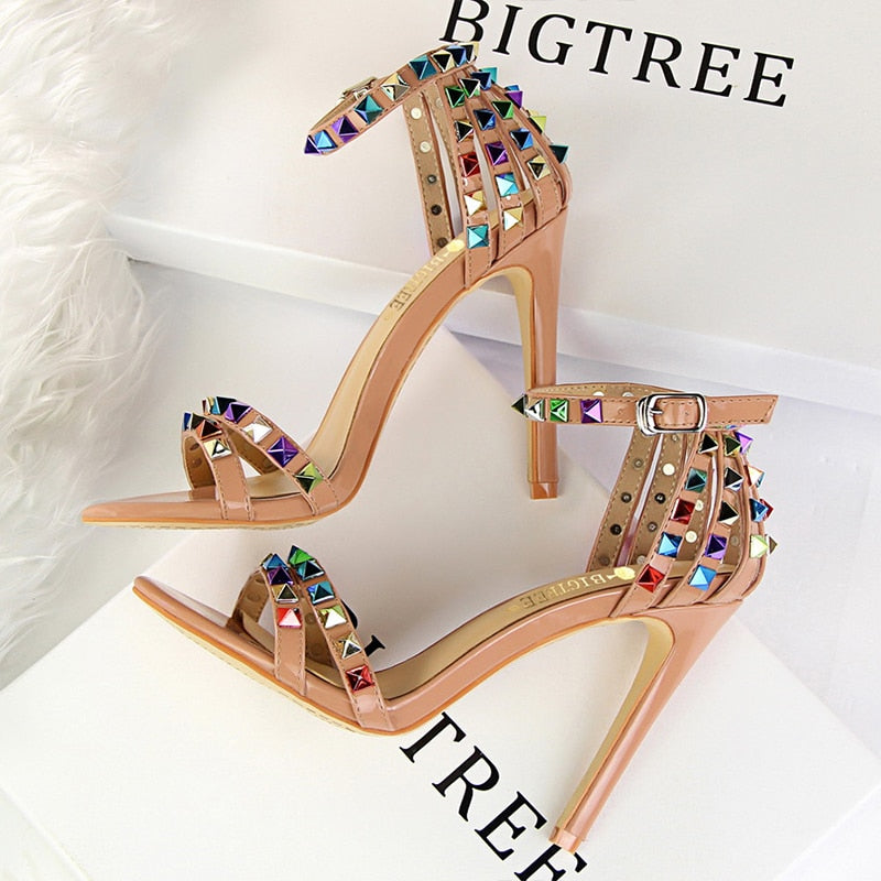 Shoes Color Rivets Women Sandals Roman Style Heeled Sandals Hollow Out High Heels Stiletto Sexy Party Shoes Sandals Nude