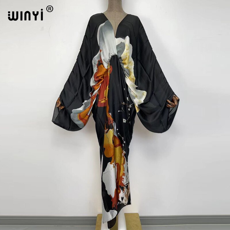Sexy bech hand-rolled feel silk rayon fashion print Maxi Women's robes long beach V-neck Bohemian dress 5 One Size