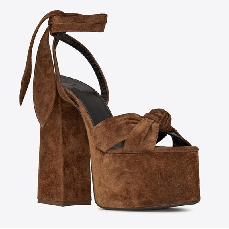 Women Sandals Summer Shoes Sexy Thick High Heels Platform 10 colors Dress Party Wedding Shoes Woman Pumps Bow love heels Brown matte