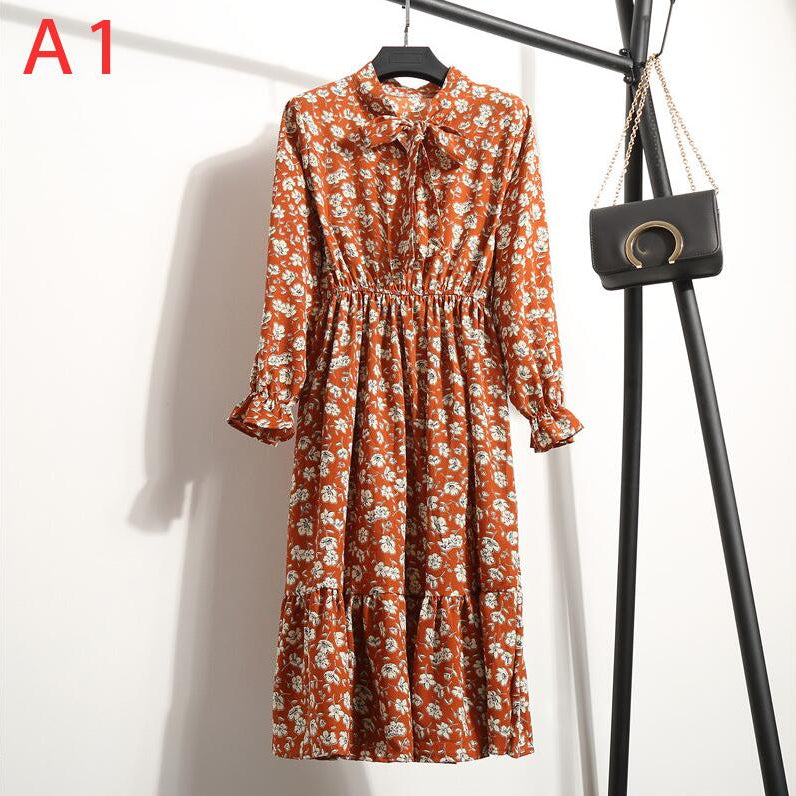 Plus Size Women's Clothing Long Sleeve Chiffon Shirt Dresses For Women Red Bow Floral Club Party Autumn Winter платье Woman A1